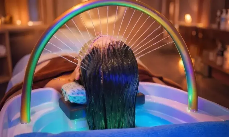 Cliente installée dans le fauteuil de head spa, sous l'arche d'eau lumineuse